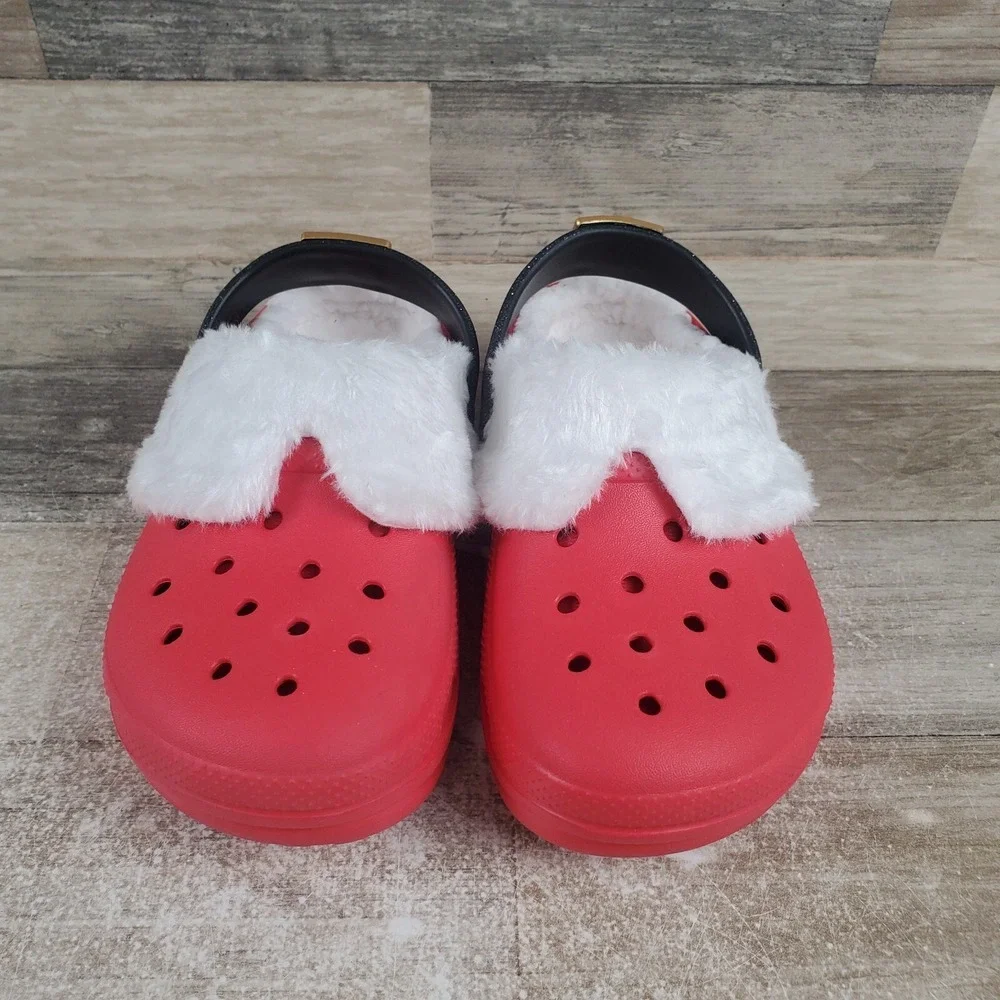 Crocs Classic Lined Santa Kids Clogs Sz 1 J1 Red Rubber Slip-On Slingback Shoes‎